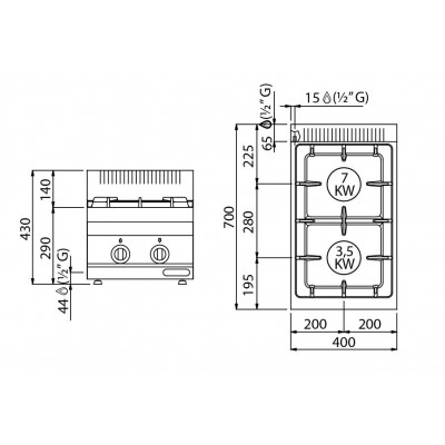 Плита газовая с 2 конфорками ggmgastro GHB473E